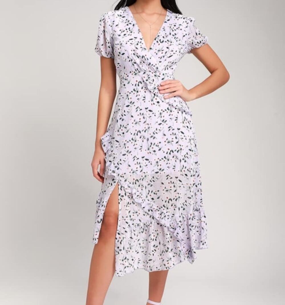 Lulus Petals and Poetry Lavender Floral Print Ruffled Midi Dress Size S